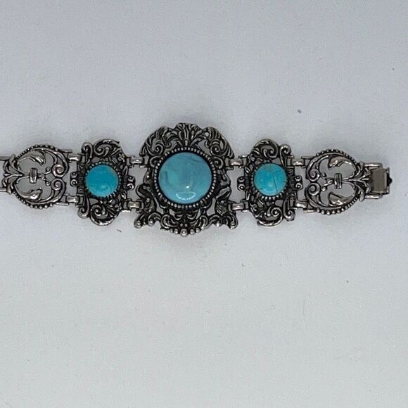 Huge oxidized silver tone and turquoise bracelet - Picture 3 of 8